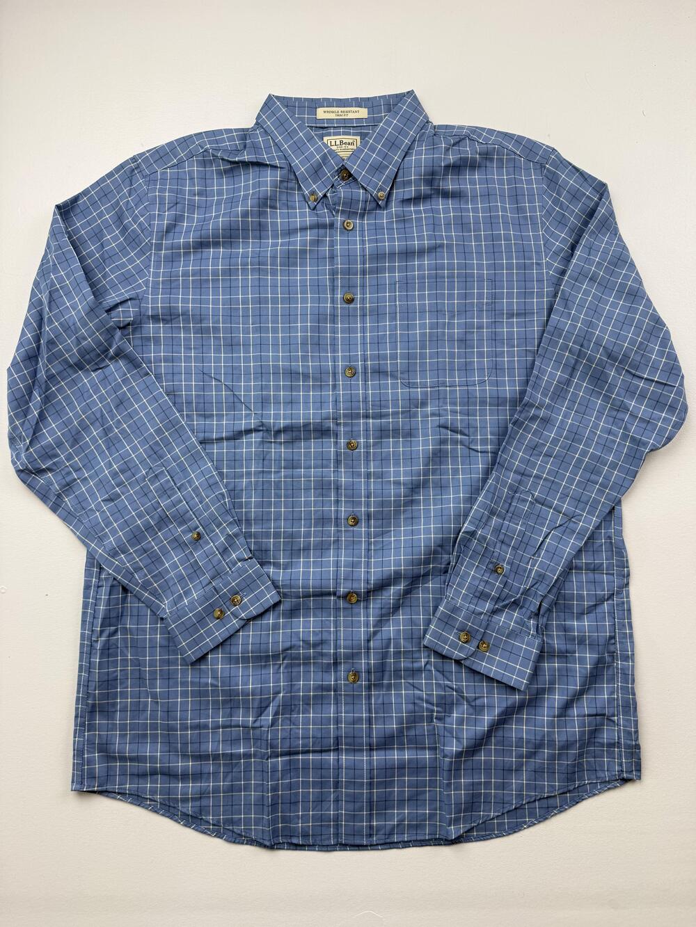 L.L. Bean Dress Shirt Mens XLT Blue Plaid Wrinkle Resistant Trim Fit Long Sleeve